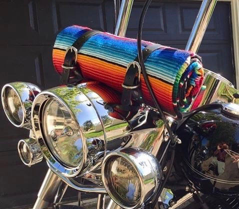 Colorful Serape roll up blanket with leather strap